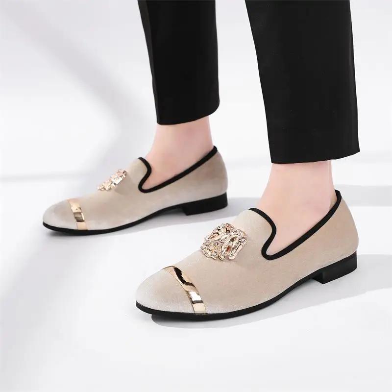 Mocassins en velours beige pour hommes, chaussures de soirée formelles, chaussures décontractées, mo