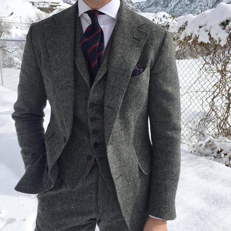 Smoking formel à chevrons pour hommes, tweed de laine grise, veste trempée, pantalon en émail, mode
