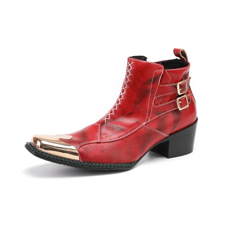 Bottes de cowboy occidentales à talons hauts pour hommes, ceinture Fangtou en métal, peau de vache s