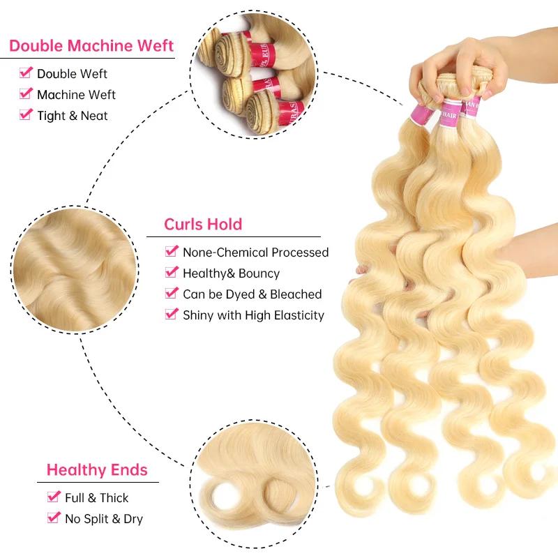 Lots de mèches de cheveux humains Remy brésiliens ondulés, blond miel 613, double tirage, 8 à 40 pou