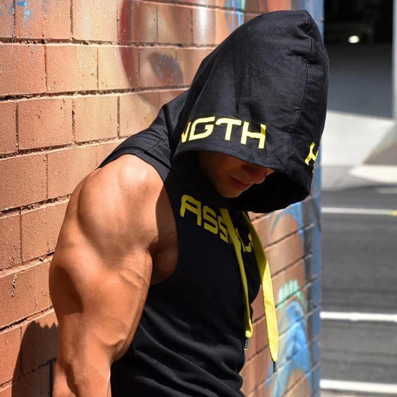 Hommes débardeurs vêtements de sport Fitness sweat à capuche sans manches gilets coton Singlets homm