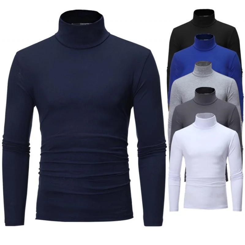 T-Shirt à col roulé pour hommes, couleur unie, décontracté, manches longues, chemise basique, mode,