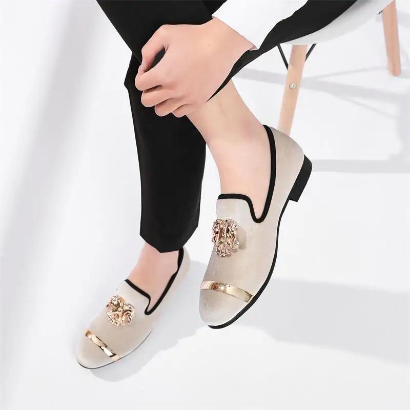 Mocassins en velours beige pour hommes, chaussures de soirée formelles, chaussures décontractées, mo