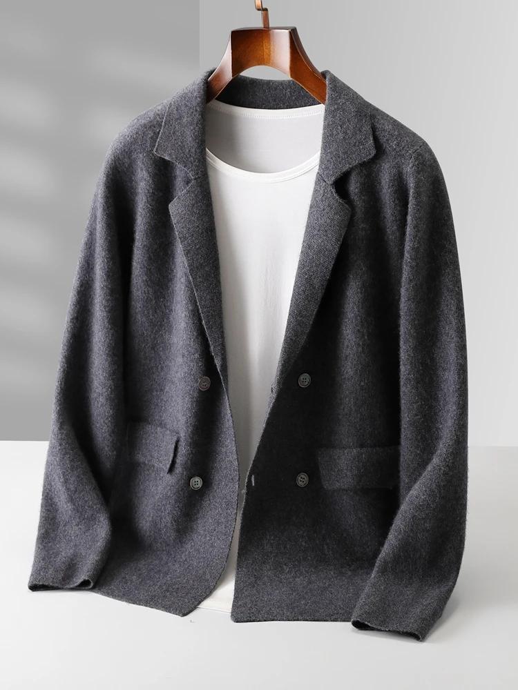 Cardigan en cachemire pour homme, 100% laine mérinos, col de costume, pull doux et chaud, tricot int