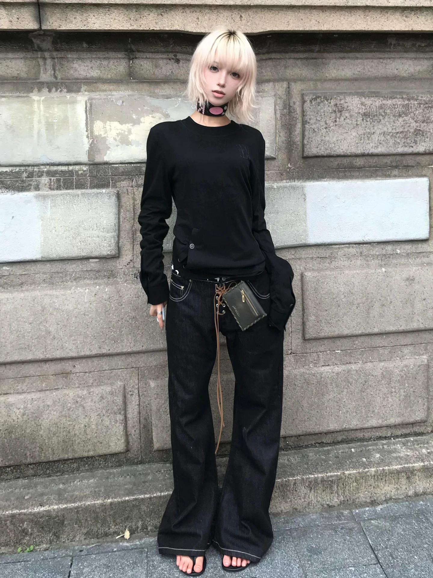 Genayooa gothique Vintage T-shirt femmes à manches longues bouton Y2k rétro noir Grunge hauts Street