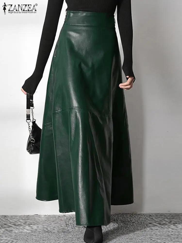 ZANZEA-Jupe longue en cuir PU pour femme, couleur unie, élégante, décontractée, taille haute, fermet