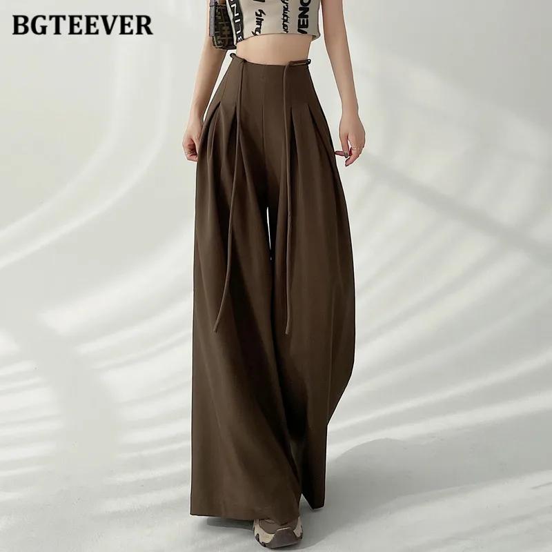BGTEEVER élégant à lacets taille haute longueur au sol costume pantalon femmes printemps été poches