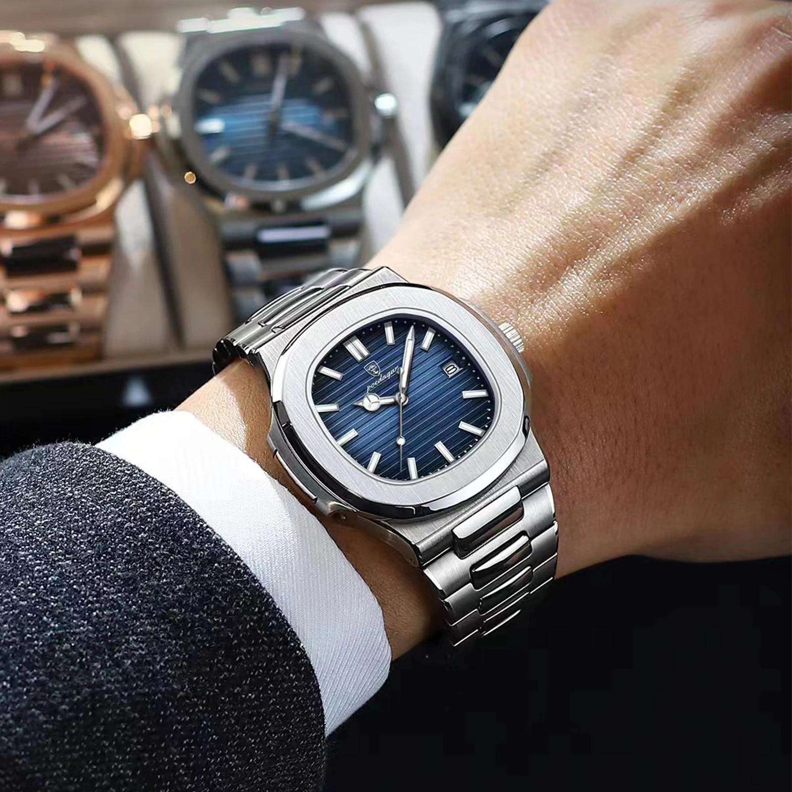 POEDAGAR mode carré Quartz homme horloge étanche lumineux Date montres en acier inoxydable pour homm