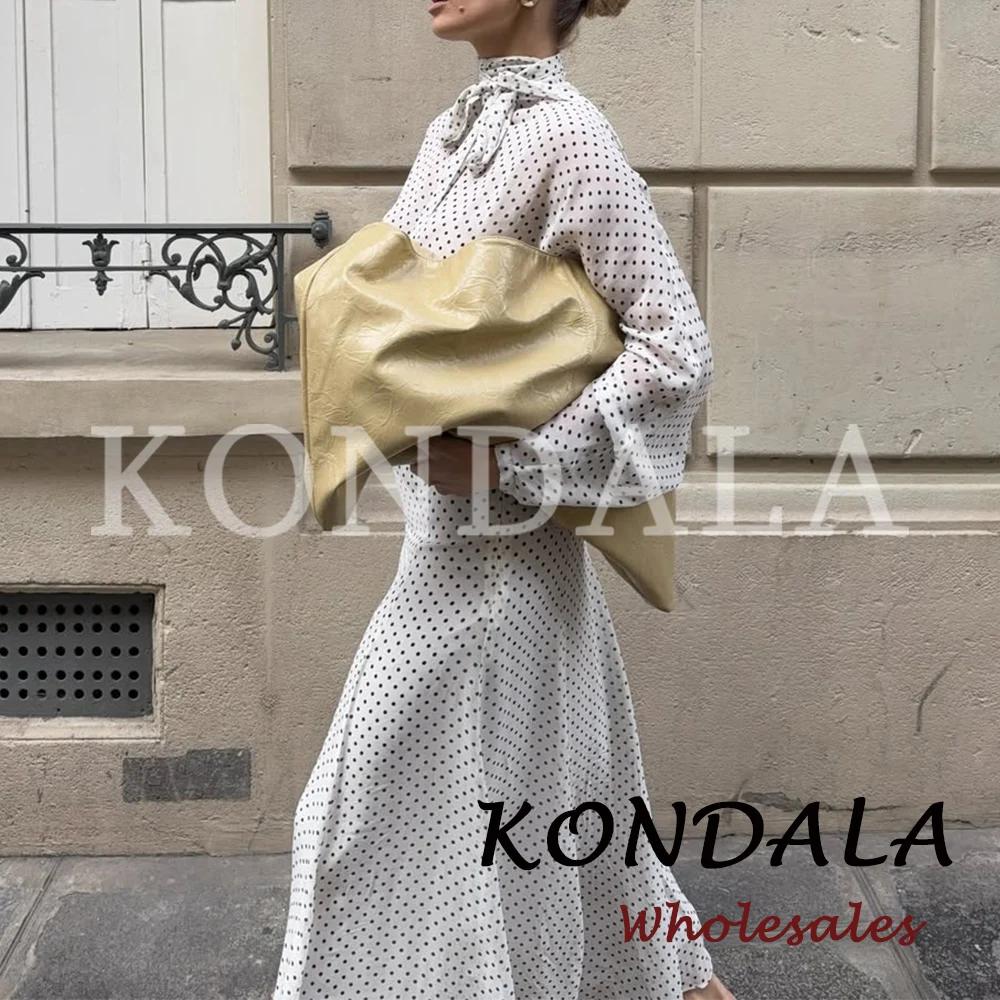 KONDALA Chic Ensemble Décontracté Femme à Pois avec Nœud, Chemise Ample Élégante + Jupe Longue Midi