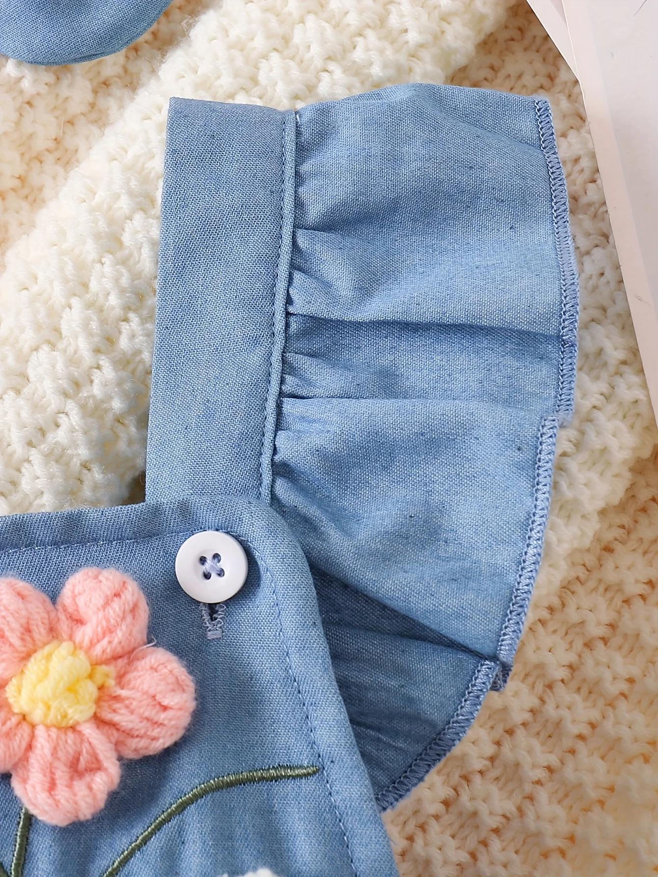 Barboteuse en Denim doux pour bébé fille, barboteuse flottante brodée de fleurs 3D + bandeau à nœud,