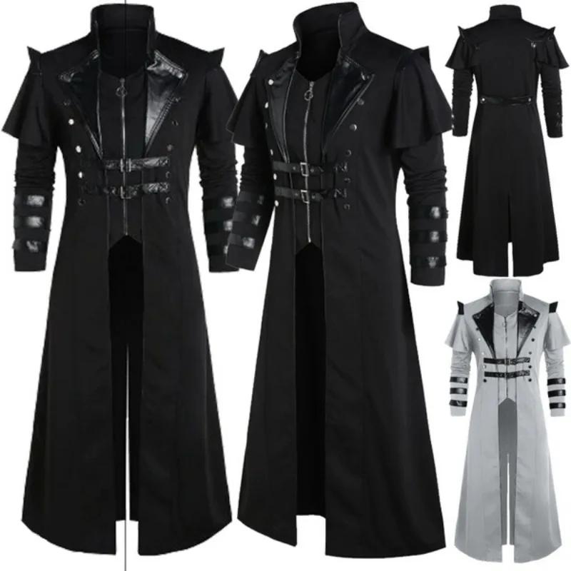 Vintage Halloween médiéval Steampunk Assassin elfes Pirate Costume adulte hommes noir longue veste f