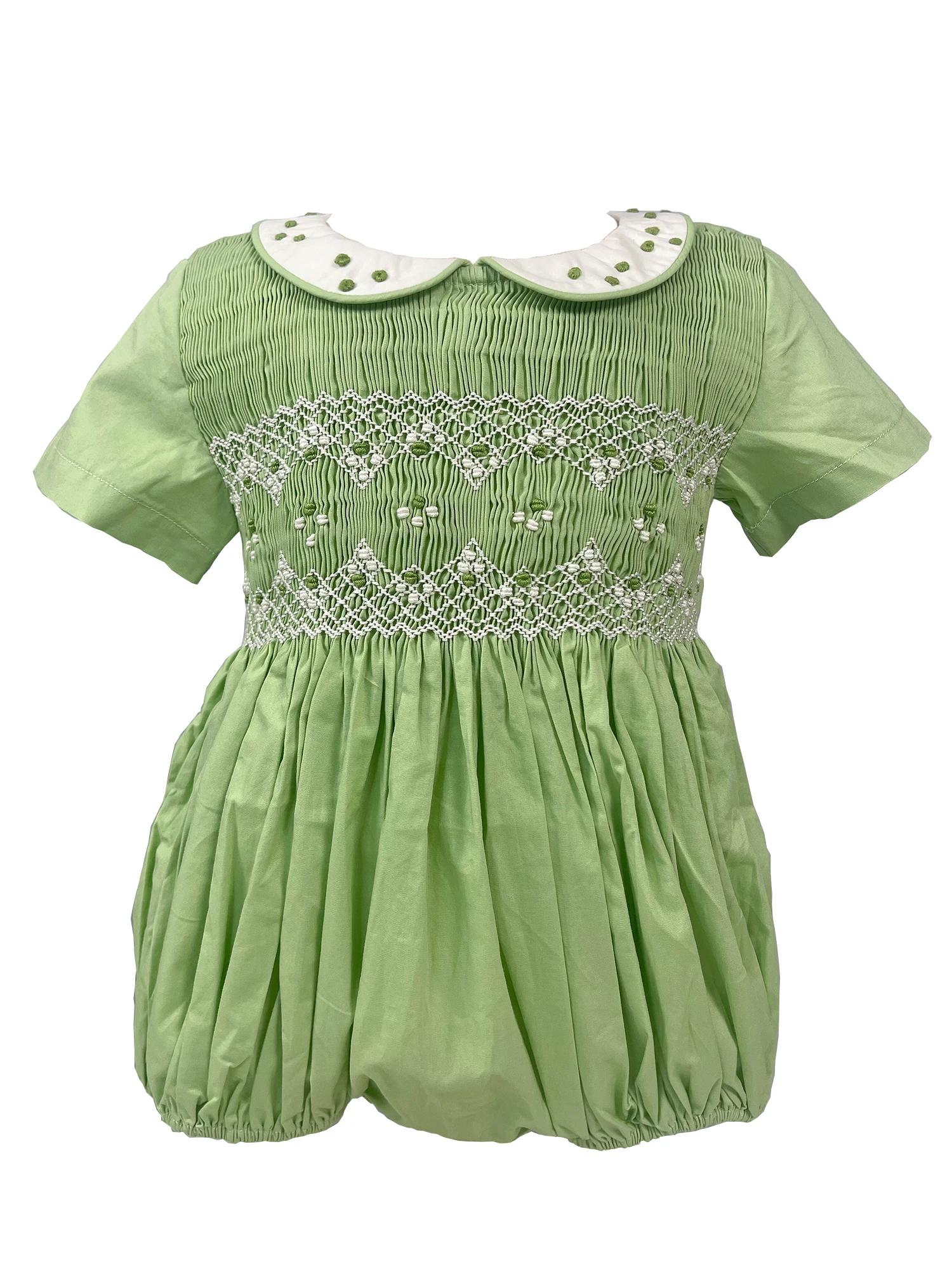 Robe à smocks faite à la main avec broderie, vêtements d'été en coton vert, vêtements de performance