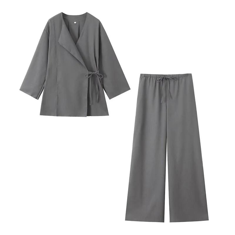 Willshela femmes mode 2 pièces ensemble solide à lacets chemises et Vintage taille élastique pantalo