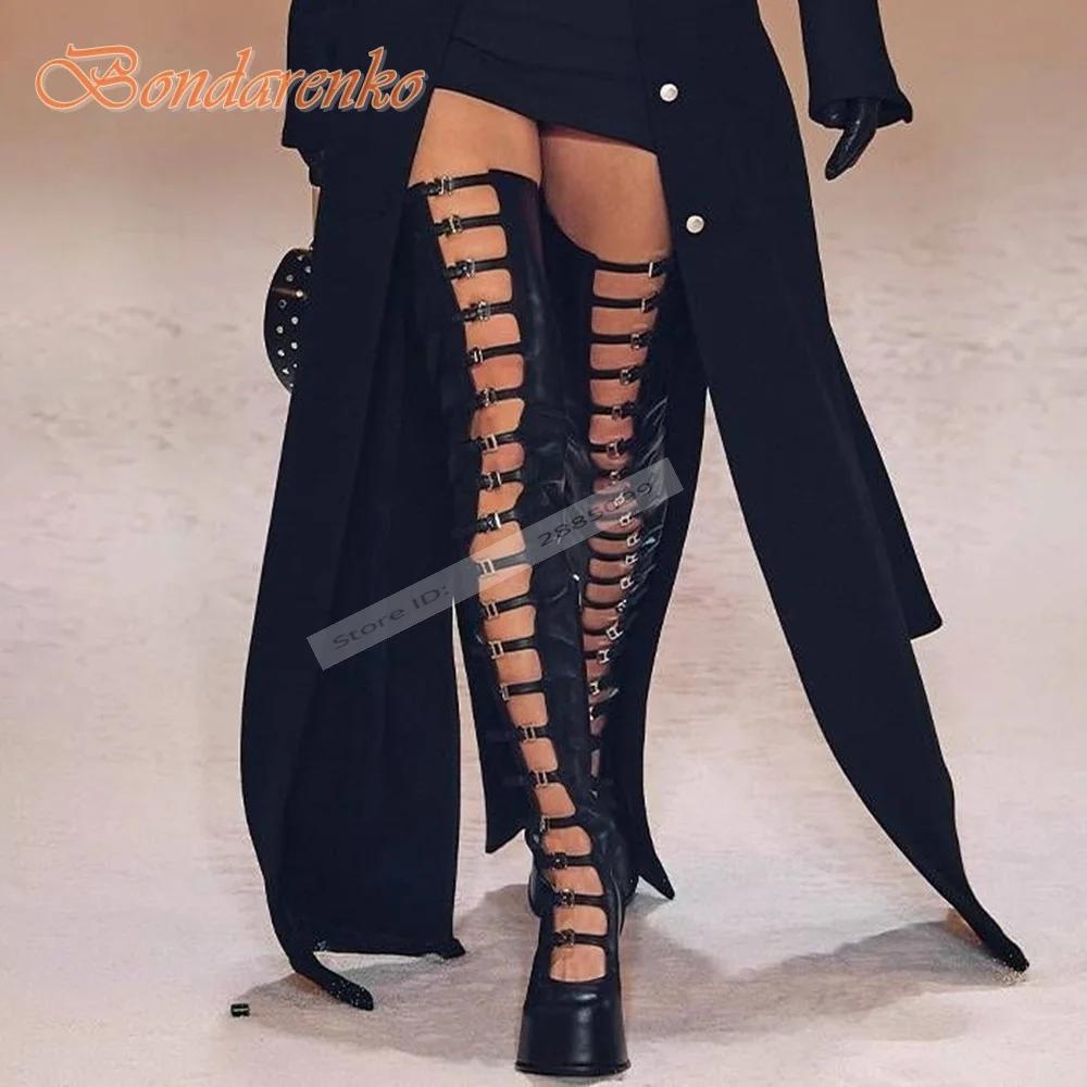 Boucles creuses sangles sandales bottes été dames chaussures concepteur bout rond gros talons hauts