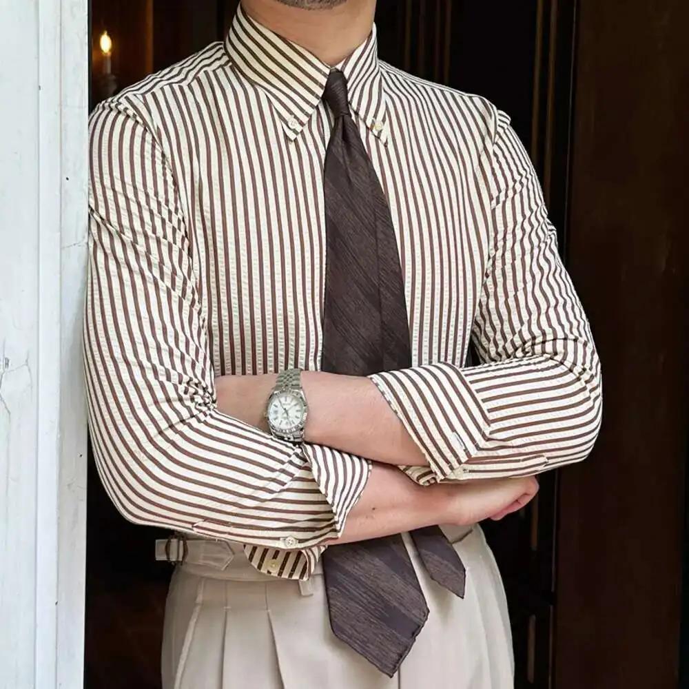 Chemise rayée à manches longues pour hommes, chemise d'affaires décontractée, mince, Seersucker, hau