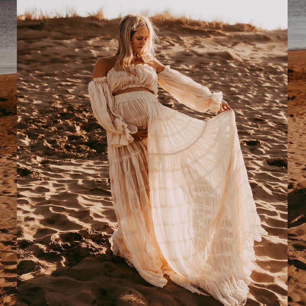 Robe de maternité pour séance Photo plissée en mousseline de soie, Sexy, épaules dénudées, haut fend