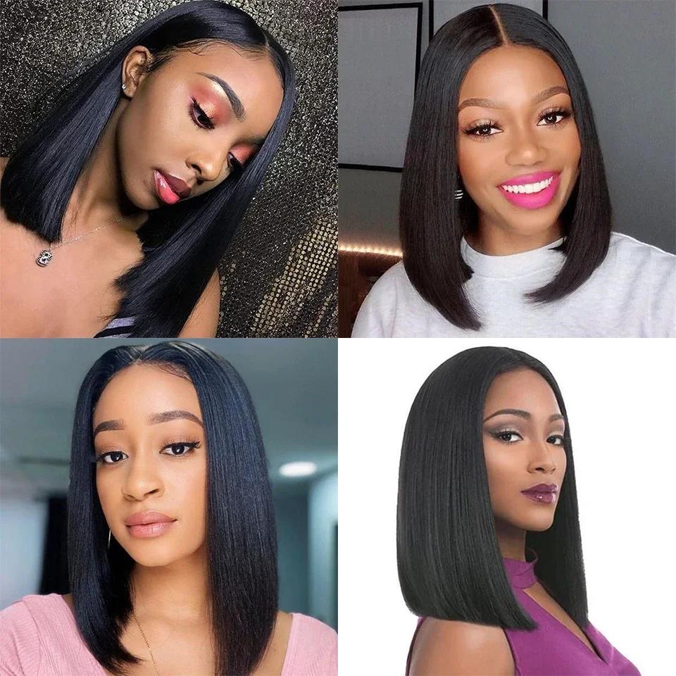 Perruque Bob Lace Wig Remy Brésilienne Naturelle, Cheveux Lisses, Partie T, Sophia, Courte, 4 Pièces