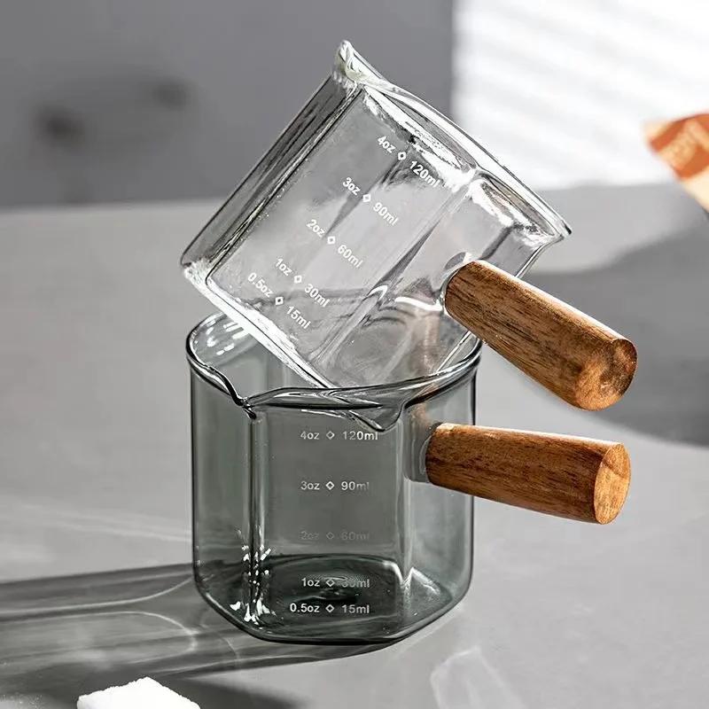 YWDL Tasse à mesurer en verre pour expresso 120 ml avec poignée en bois, carafe à lait hexagonale, a