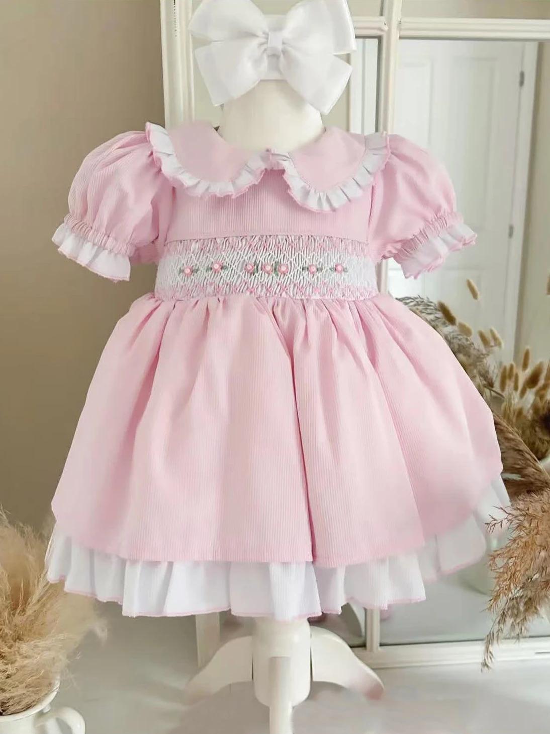 Bébé fille été rose fleur smocké à la main turc Vintage Lolita princesse robe de bal robe pour anniv