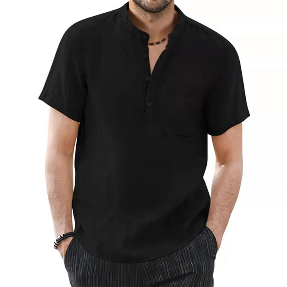 T-shirt à manches courtes pour hommes, en coton et lin, décontracté, couleur unie, chemise d'été, co