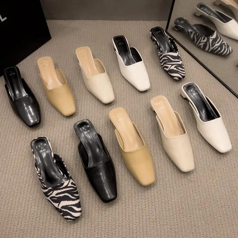 Chaussures Mules à Motif Zèbre pour Femme, Pantoufles d'Extérieur à Talons Bas, Carrées, Nouvelle Co