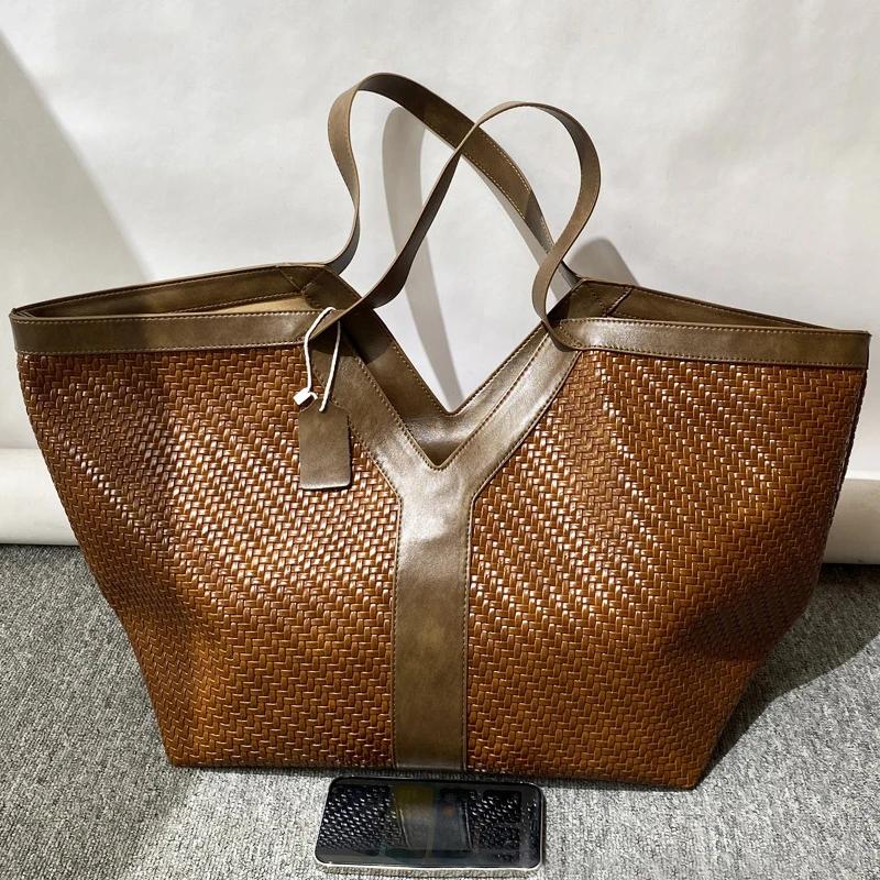 Sac à bandoulière tissé en forme de Y surdimensionné, style rétro européen et américain, grande capa