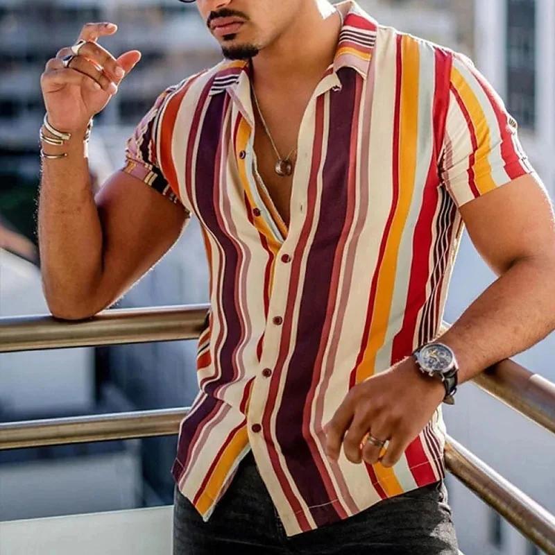 Nouveaux hommes chemises mode rayures imprimer à manches courtes t-shirts été hauts hommes col rabat