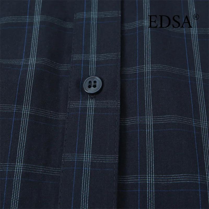 EDSA chemise à carreaux bleu marine pour femmes avec poche carrée pour bureau dame simple boutonnage