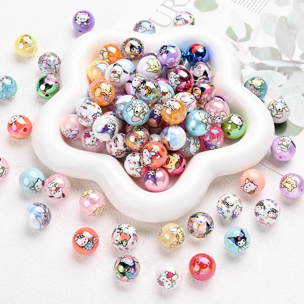 Perles acryliques mélangées aléatoires, 30 pièces, perles rondes imprimées Sanrio, amples pour brico