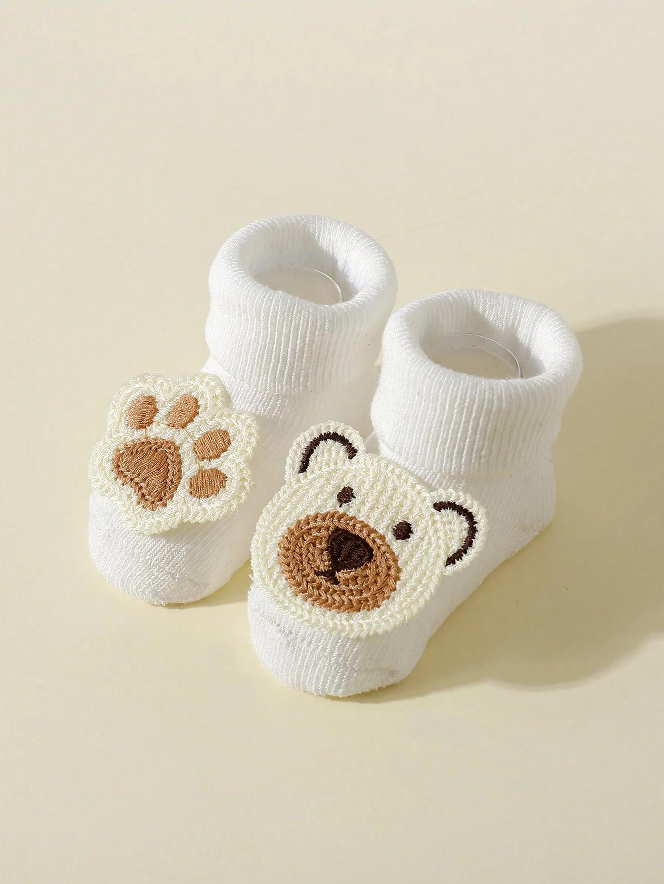 4 paires de chaussettes ours de dessin animé mignon pour bébé, chaussettes antidérapantes en coton d