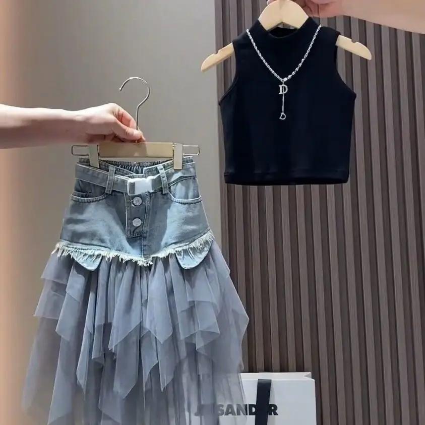 Ensemble été fille version coréenne 2025 - Débardeur + jupe cowboy + veste - Style bébé tendance
