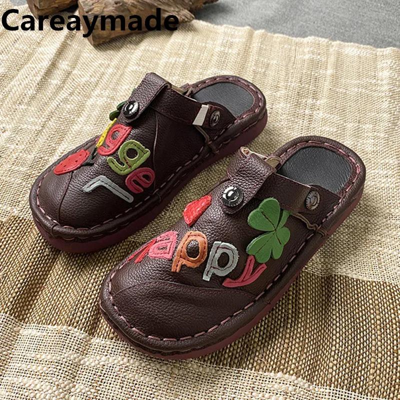 Careaymade-Pantoufles paresseuses cousues à la main pour femmes, cuir véritable, style ethnique, car