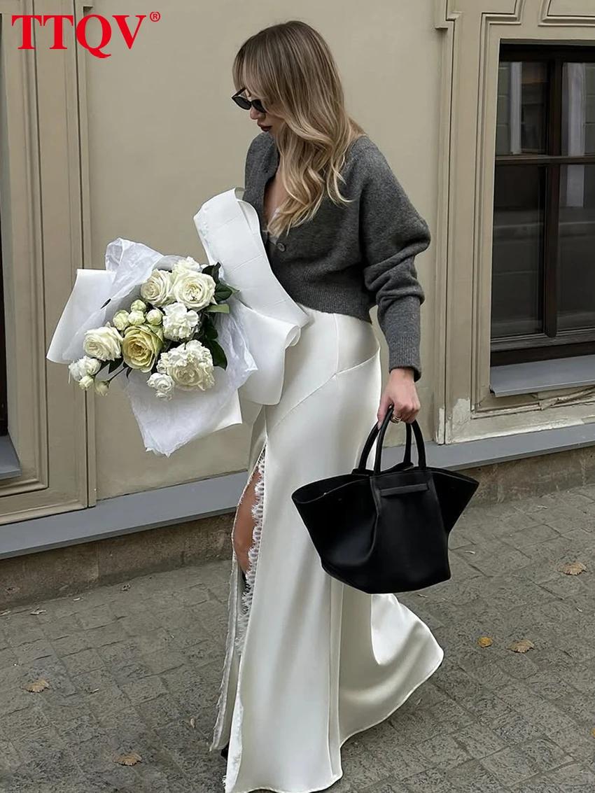 TTQV – jupe longue en Satin blanc pour femmes, ample, Sexy, taille haute, élégante, classique, fendu