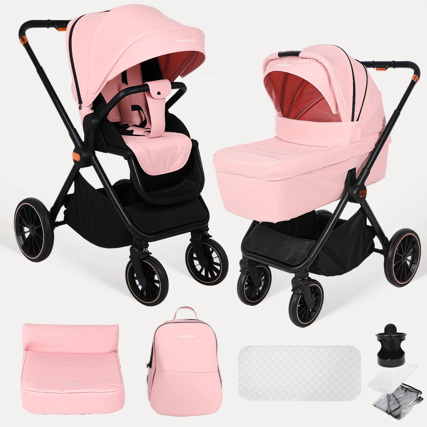 Poussette multifonctionnelle rose pour bébé, système de voyage, cadre léger pliable gris avec siège