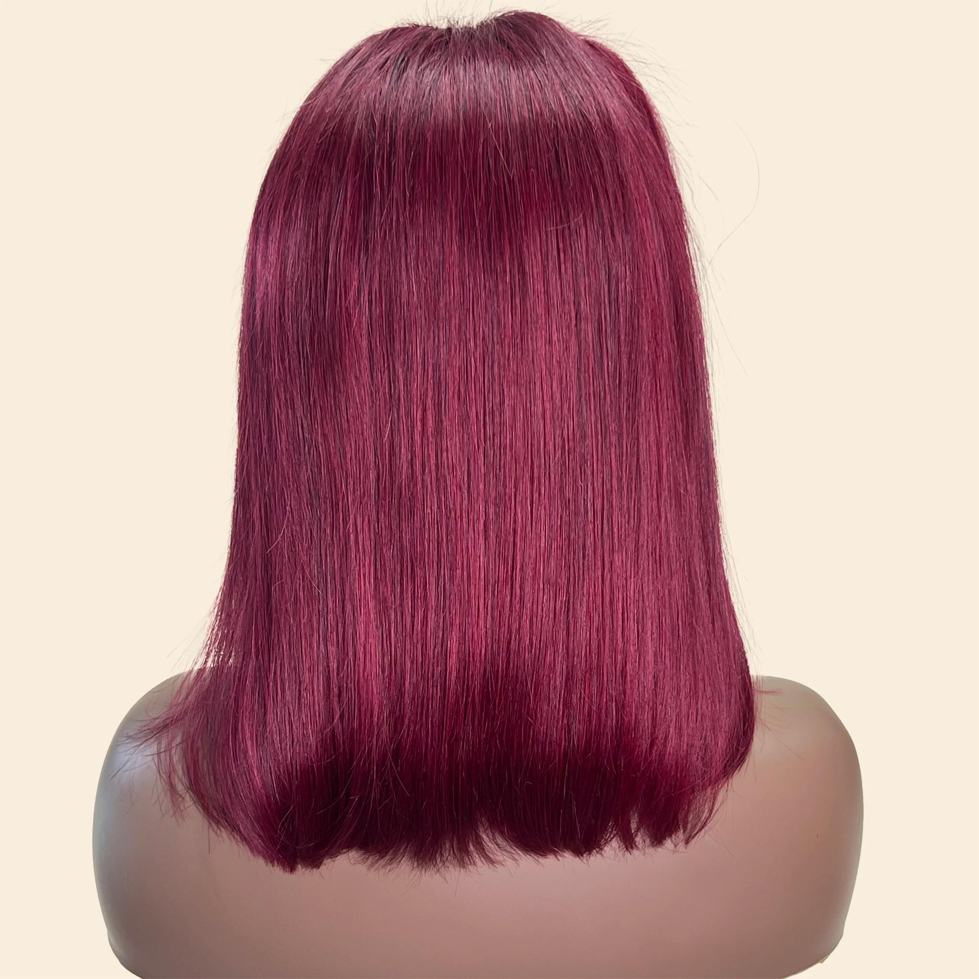 Perruque Bob Lace Front Wig Remy Naturelle Lisse, Cheveux Courts, Bordeaux 99J, 13x4, Pre-Plucked, D