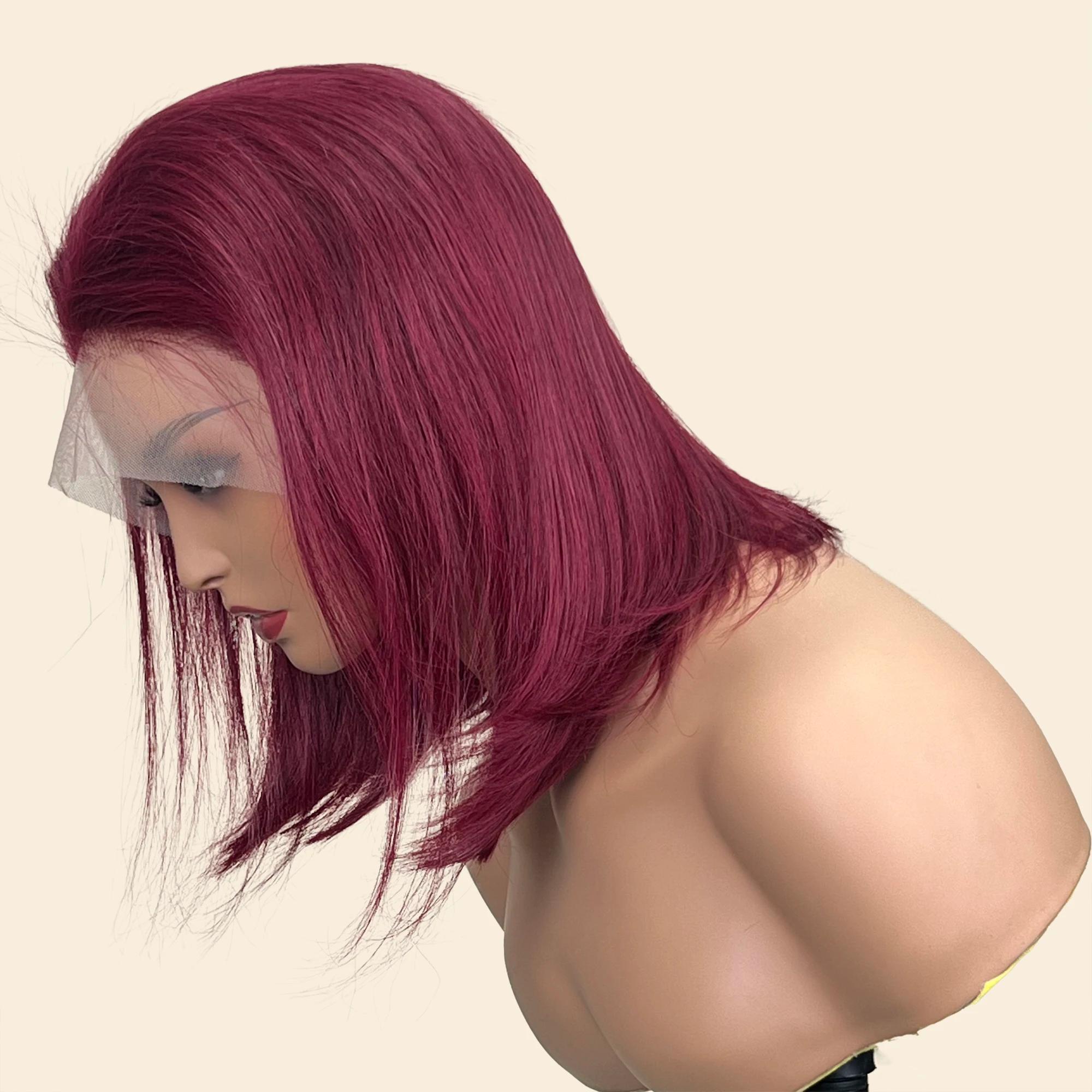 Perruque Bob Lace Front Wig Remy Naturelle Lisse, Cheveux Courts, Bordeaux 99J, 13x4, Pre-Plucked, D