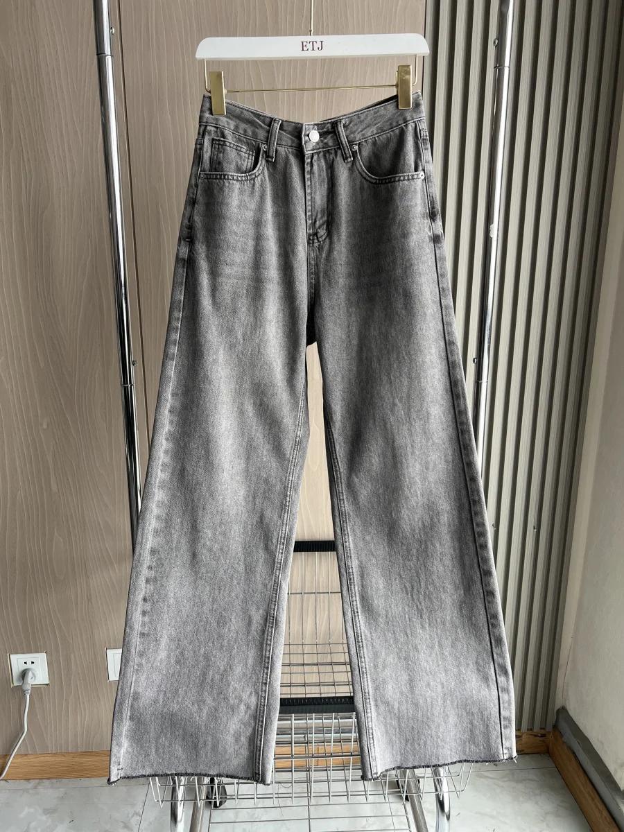 ETJ jean taille haute à jambes larges femme classique tout avec cinq poches lavé doux confortable je