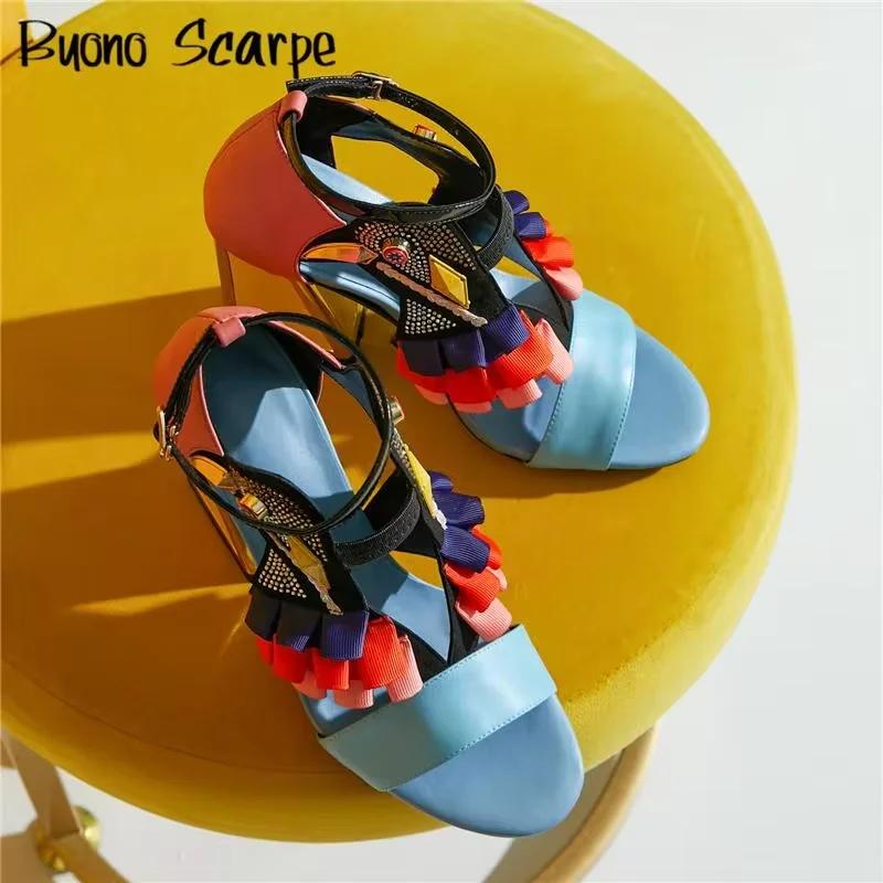Sandales à Talons Épais et Strass pour Femme, Chaussures d'Été Assorties avec Ceinture, Nouvelle Col