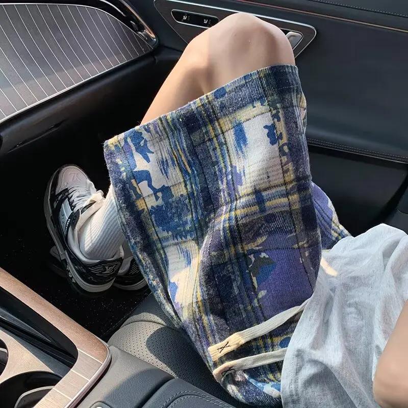 Short à carreaux vert Tie-dye pour hommes, rétro américain, grande taille, ample, cinq points, tenda