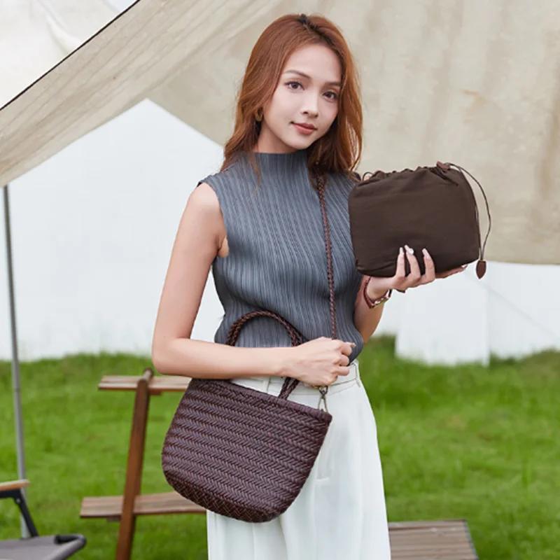 Sac à poignée supérieure tissé en cuir de vache pour femme, sacoche décontractée en tricot tressé, V