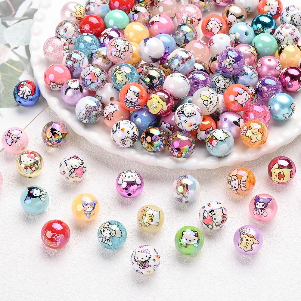 Perles acryliques mélangées aléatoires, 30 pièces, perles rondes imprimées Sanrio, amples pour brico