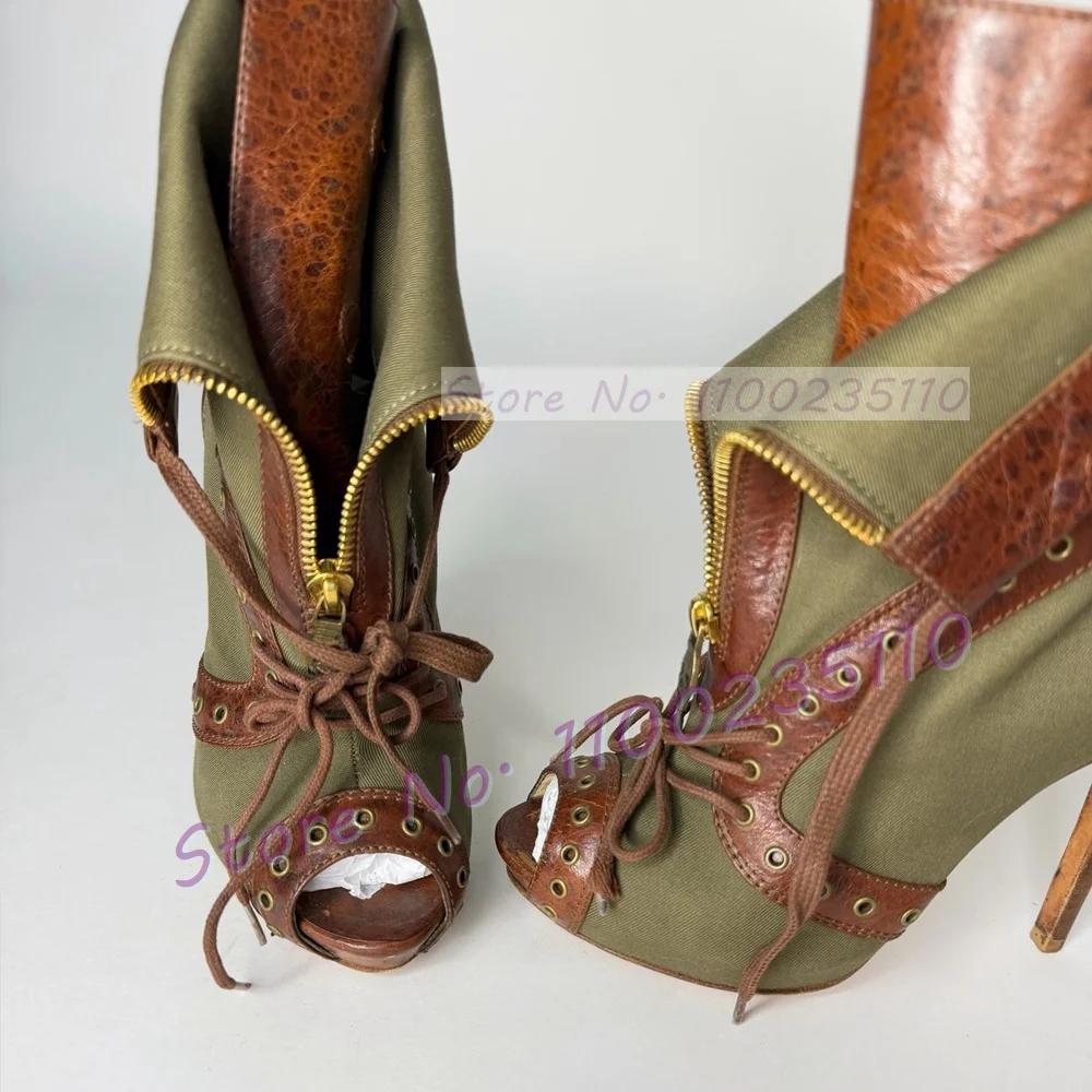 Sandales vert armée en jean patchwork pour femme, sexy, à bout ouvert, avec fermeture éclair décorat