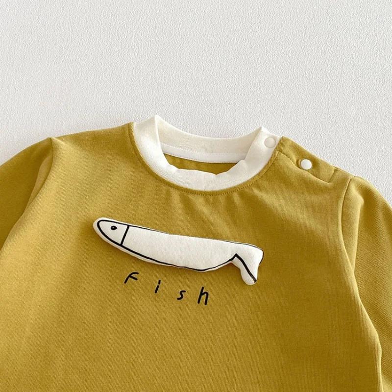 T-shirt à manches longues pour enfants de 6 mois à 4 ans, motif poisson jaune, respirant et doux, po