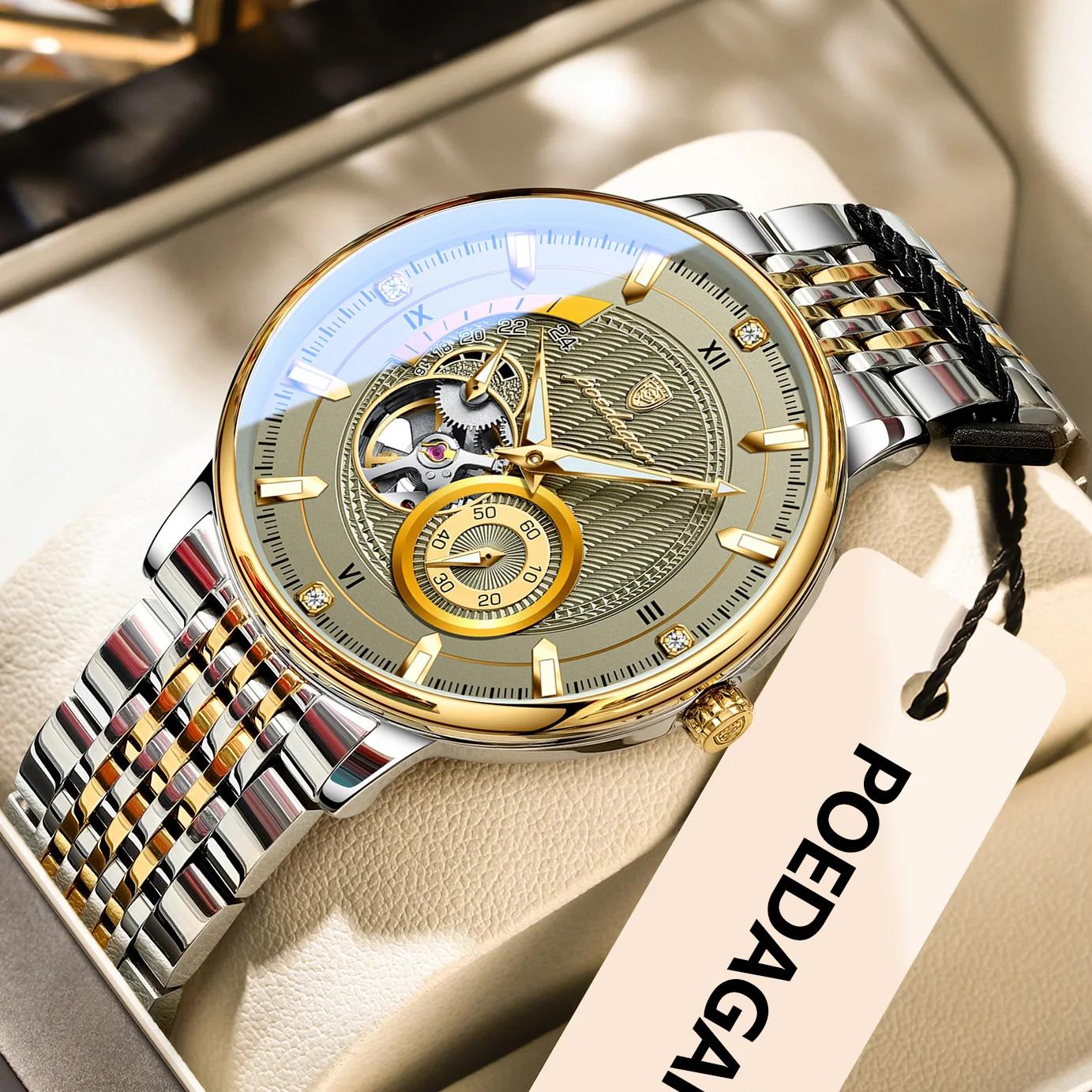 POEDAGAR haut de gamme homme montre-bracelet lumineux creux Tourbillon en acier inoxydable hommes ho