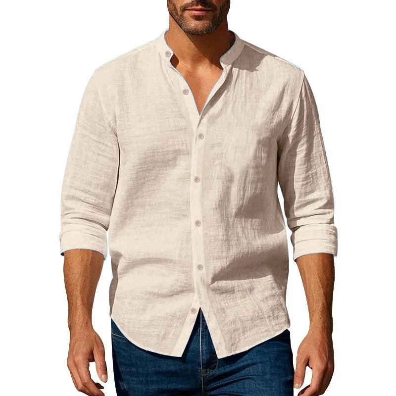 Chemise en coton et lin pour hommes, col Henley, couleur unie, légère, respirante, coupe cintrée, si