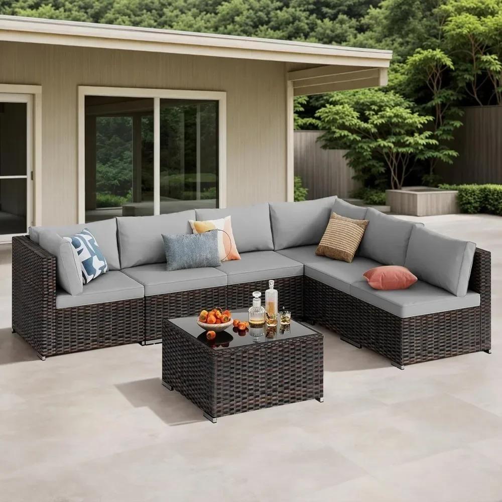 Ensemble de meubles de patio extérieur 7 pièces, ensemble de canapé sectionnel d'extérieur en rotin
