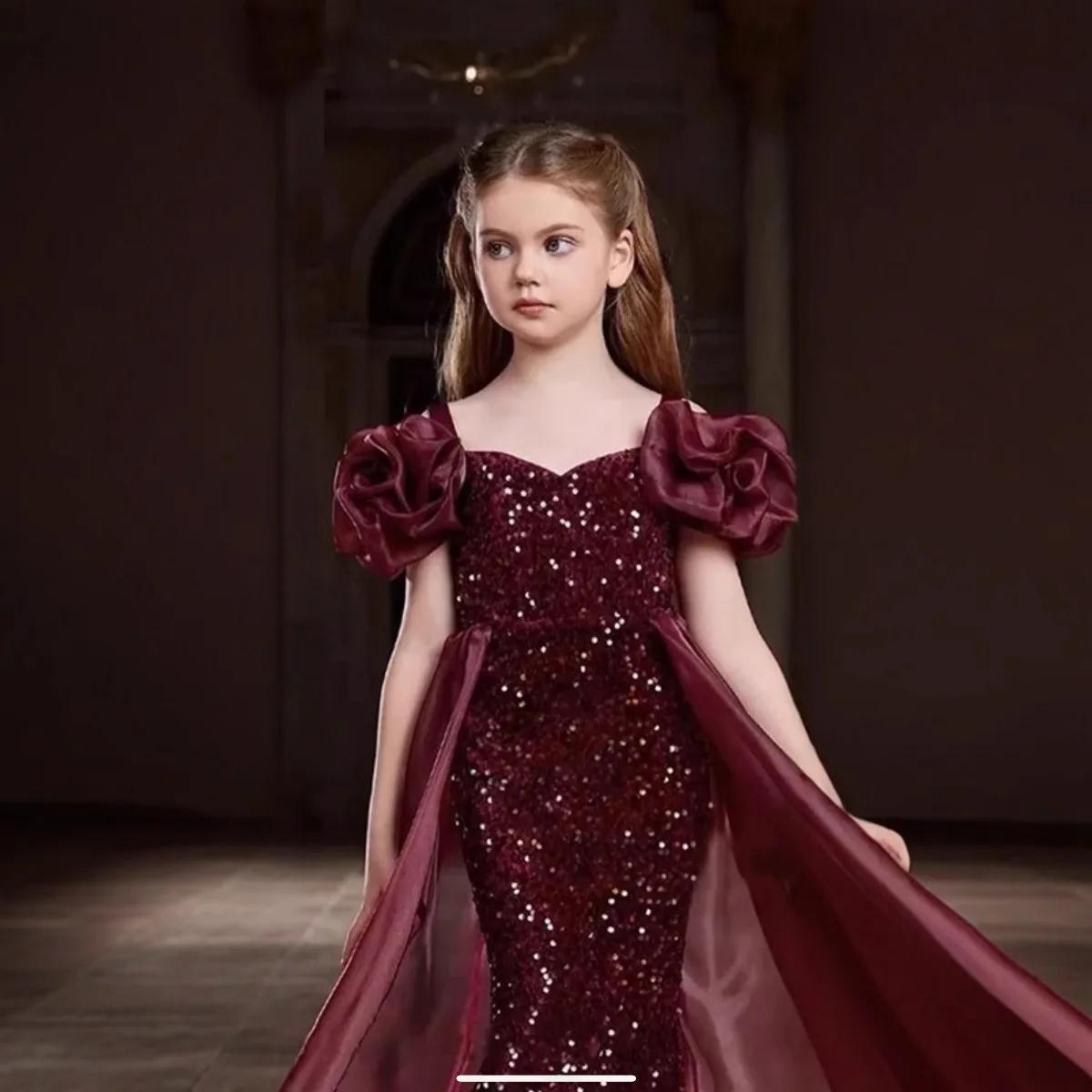 Nouvelle robe de princesse sirène à paillettes pour filles 2026, robe élégante rouge pour spectacle