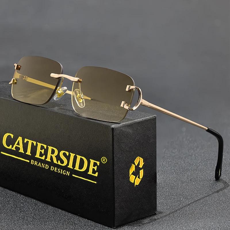 CATERSIDE bleu rectangulaire lunettes de soleil hommes sans monture en métal mode carré lunettes de