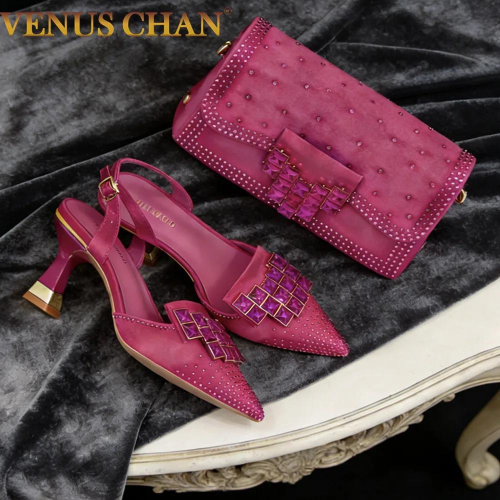 Chaussures à talons hauts en strass fuchsia et sac assorti, chaussures à bout pointu tendance pour f