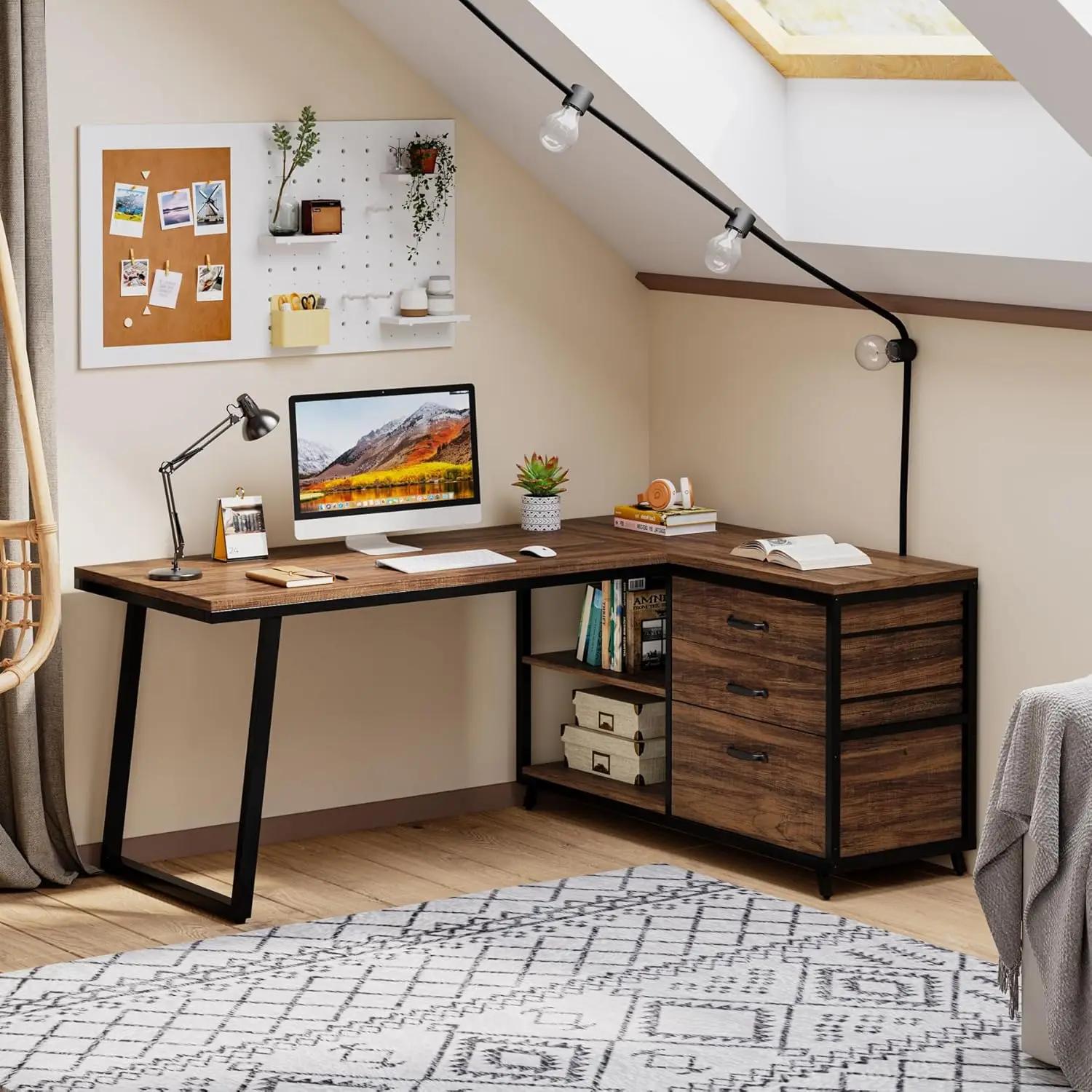 Bureau d'ordinateur en forme de L avec 3 tiroirs, bureau à domicile avec étagères, bureau PC industr